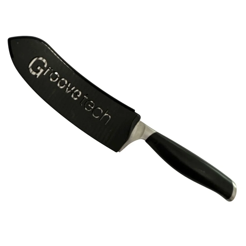 Groovetech Santoku Knife 7 inch Non-Stick Grooved Blade with Sheath Silver Black